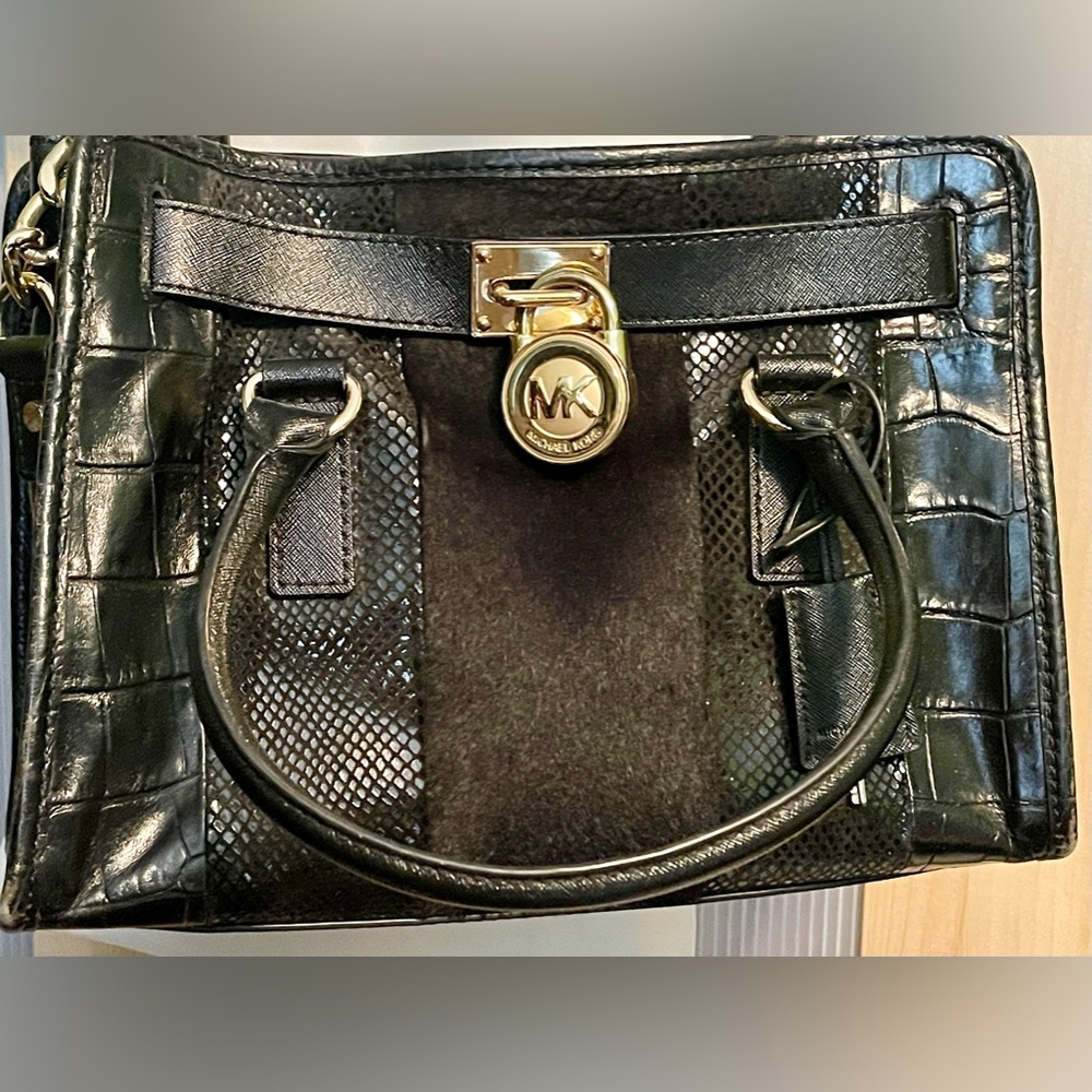 ❣️$398 ❣️ Michael Kors Black Calf Hair Croc Leather Shoulder Bag Purse - Picture 2 of 15